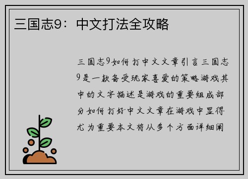 三国志9：中文打法全攻略
